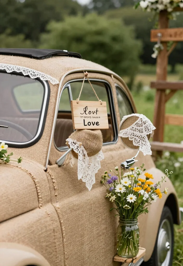 12 Wedding Car Decoration Ideas For A Stylish Grand Entrance - 3. Rustic Charm with Burlap and Lace