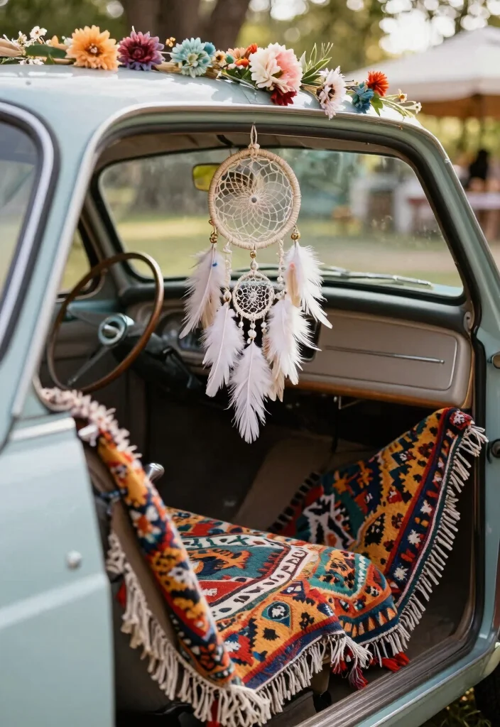 12 Wedding Car Decoration Ideas For A Stylish Grand Entrance - 8. Bohemian Dream with Feathers and Dreamcatchers