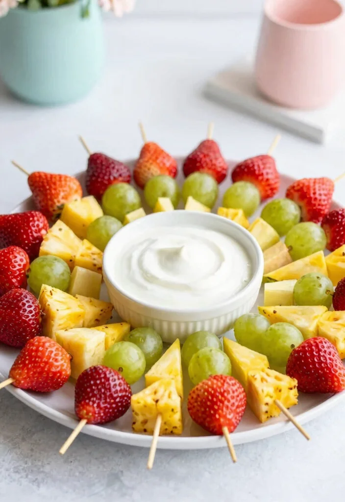 14 Bridal Shower Food Ideas Your Guests Will Love From Start To Finish - 6. Fruity Skewers with Yogurt Dip