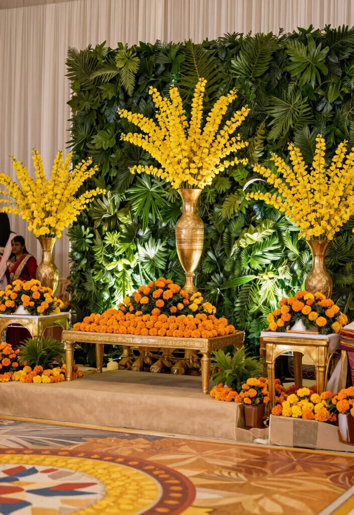 14 Sangeet Decoration Ideas Filled With Music Dance And Color 12 14 Sangeet Decoration Ideas Filled With Music Dance And Color - 2. Elegant Genda Phool & Foliage