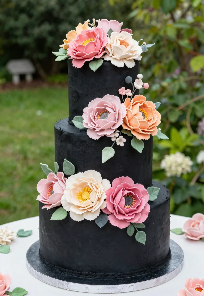 10 Black Wedding Cake Ideas for Bold Modern Weddings 5. Floral Fantasy 0