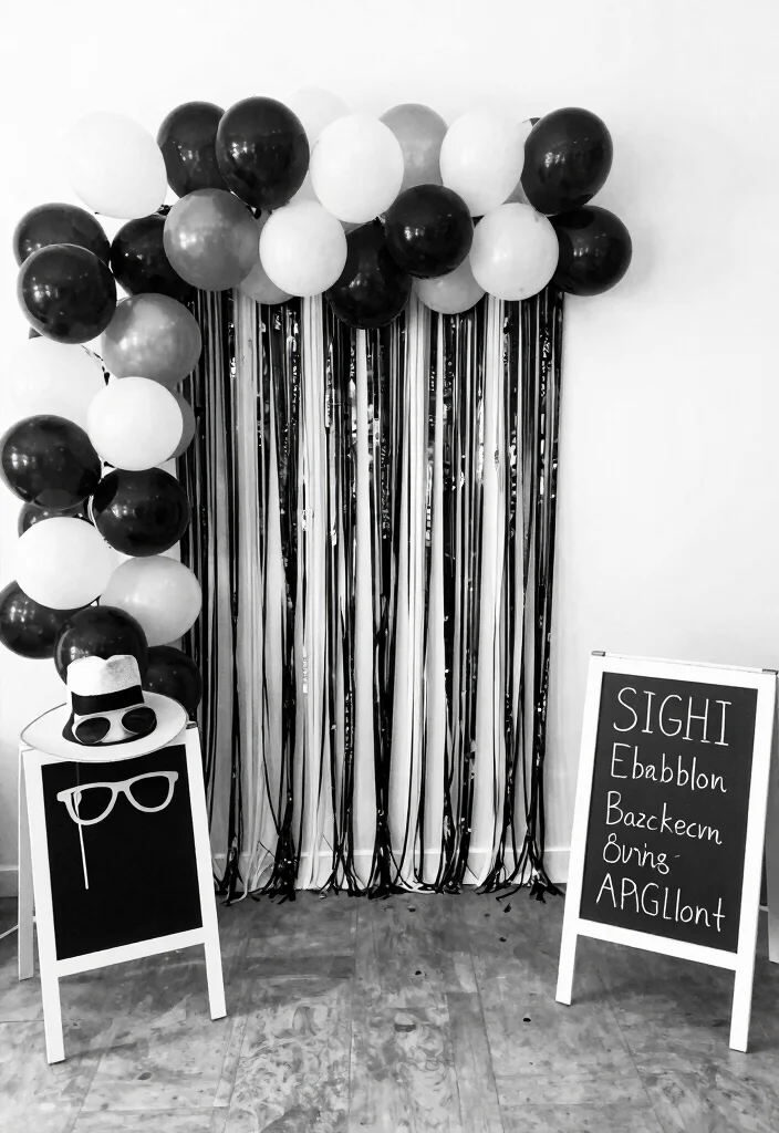 10 Black and White Engagement Party Ideas for a Chic Look 14 10 Black and White Engagement Party Ideas for a Chic Look 4. Unique Photo Booth Backdrop 0