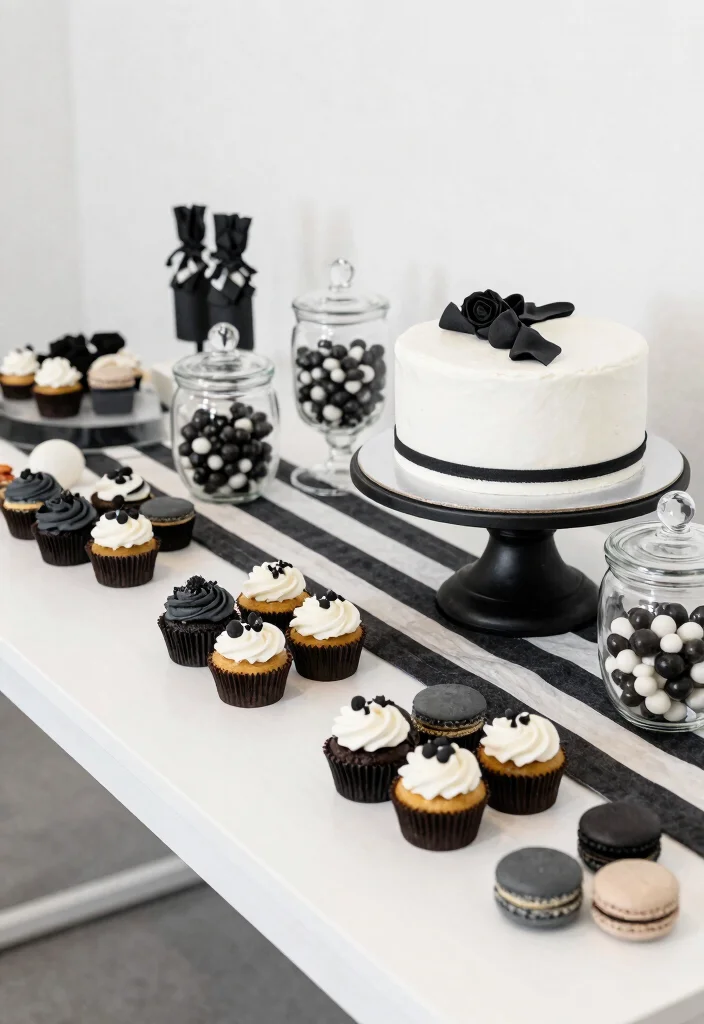 10 Black and White Engagement Party Ideas for a Chic Look 25 10 Black and White Engagement Party Ideas for a Chic Look 5. Minimalist Dessert Table 0