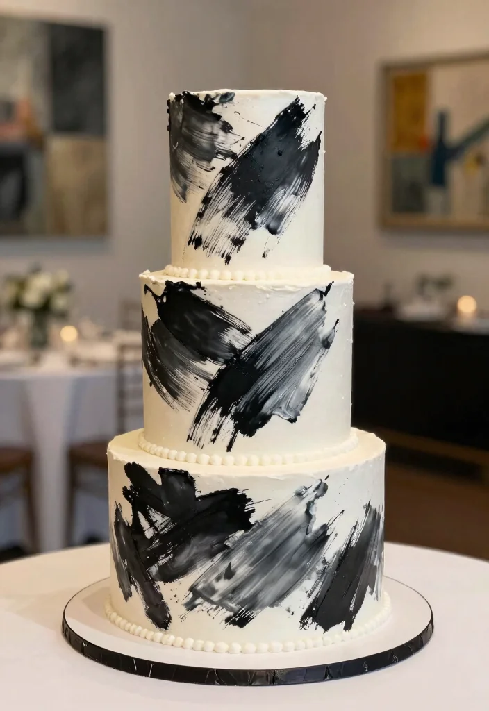 10 Black and White Wedding Cake Ideas for Modern Elegance 10. Artistic Brushstroke 0