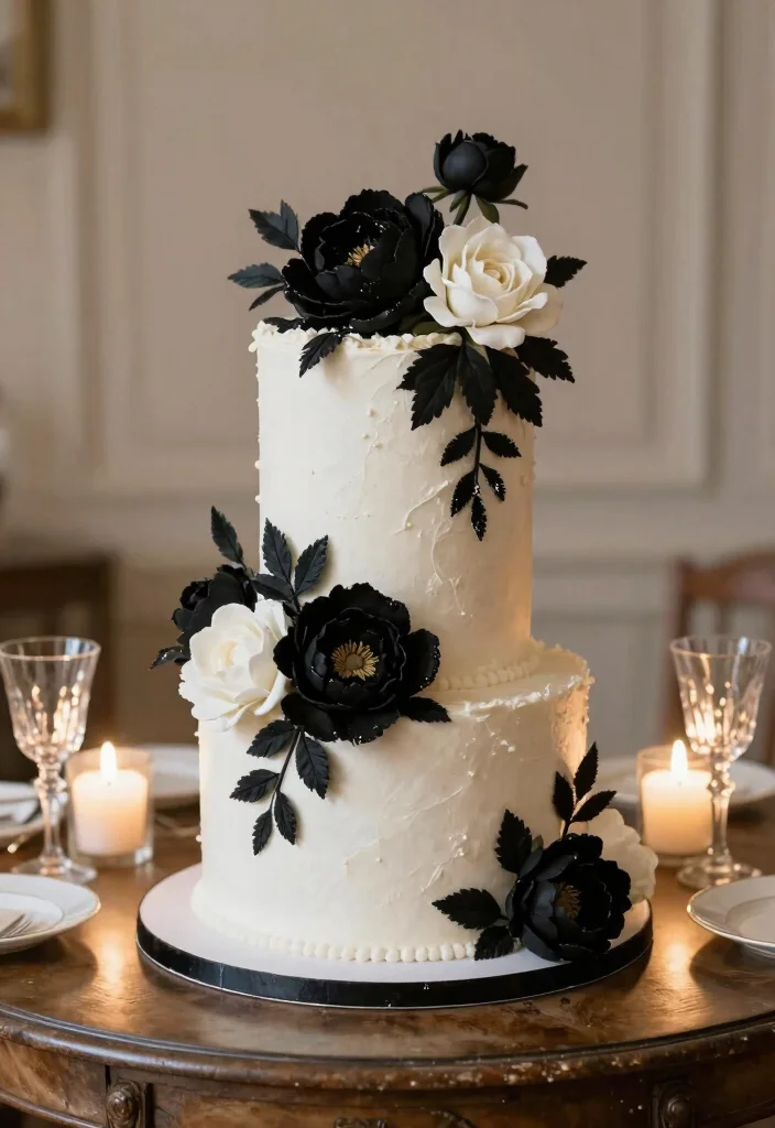 10 Black and White Wedding Cake Ideas for Modern Elegance 2. Floral Charm 0