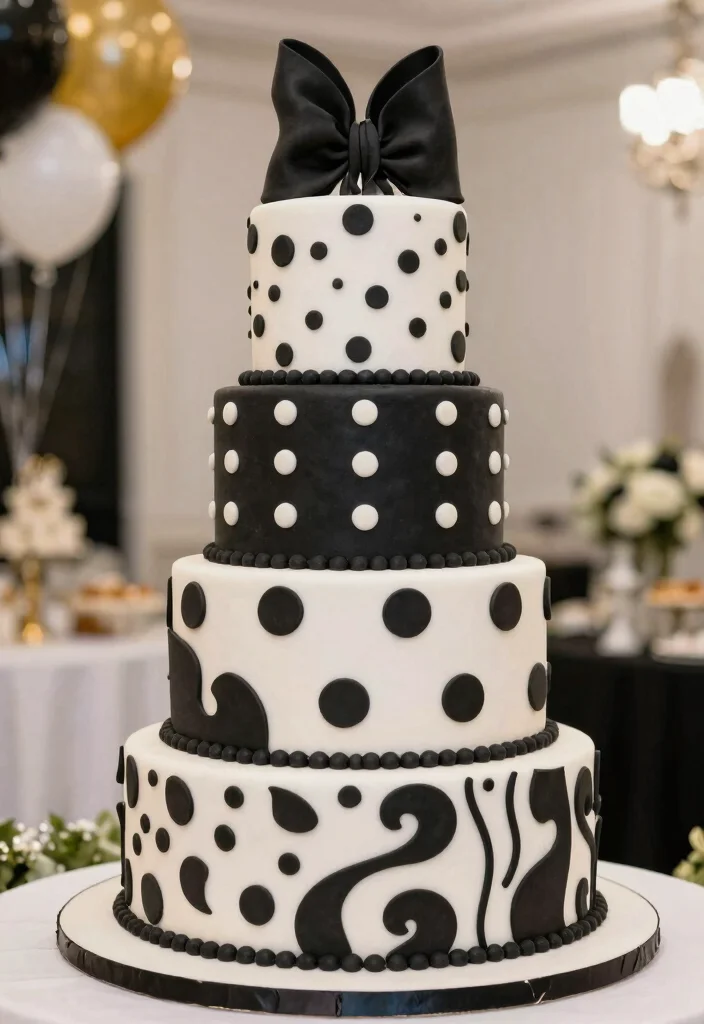 10 Black and White Wedding Cake Ideas for Modern Elegance 9. Whimsical Patterns 0