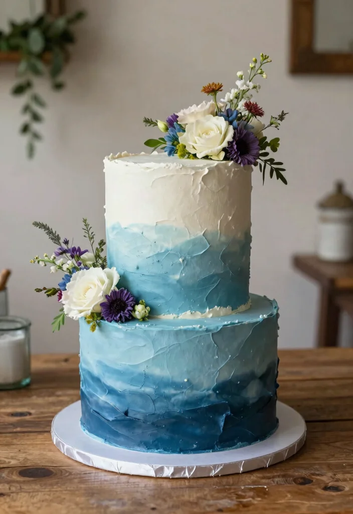 10 Blue Wedding Cake Ideas for Elegant Color Themes 23 10 Blue Wedding Cake Ideas for Elegant Color Themes 3. Rustic Blue Ombre Delight 0