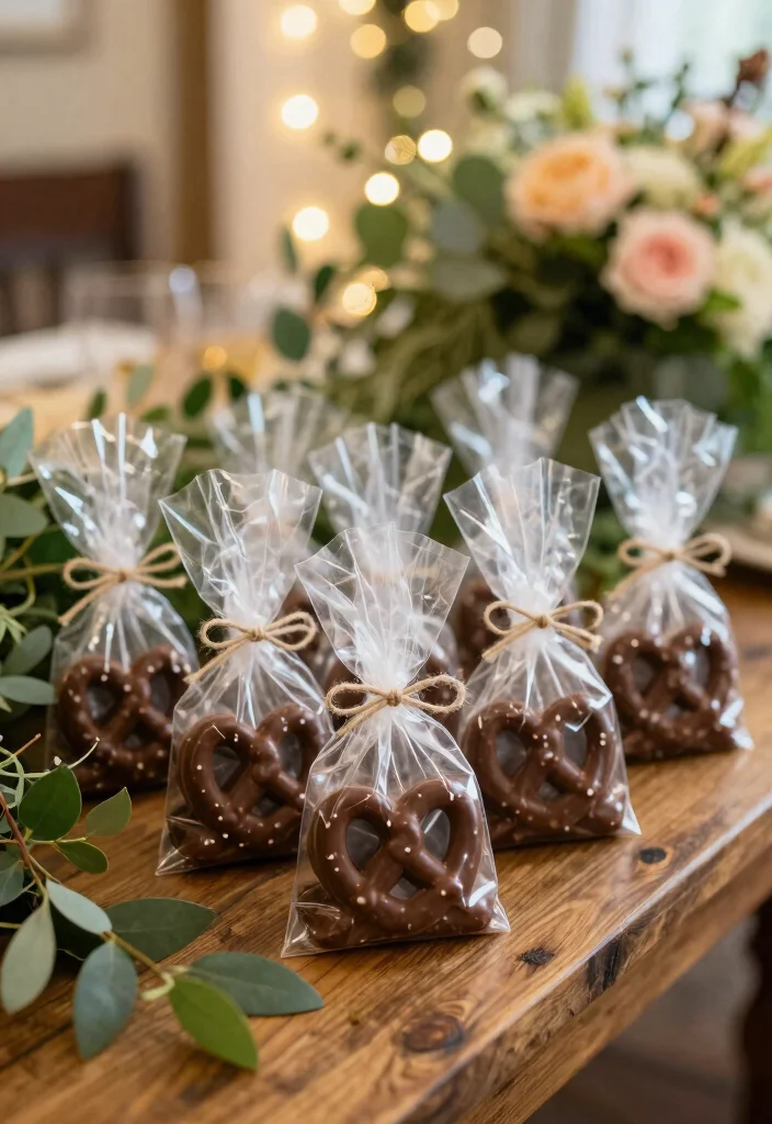 10 Chocolate Wedding Favor Ideas Guests Will Instantly Love 2. Chocolate Covered Pretzels in Eco Friendly Bags 0