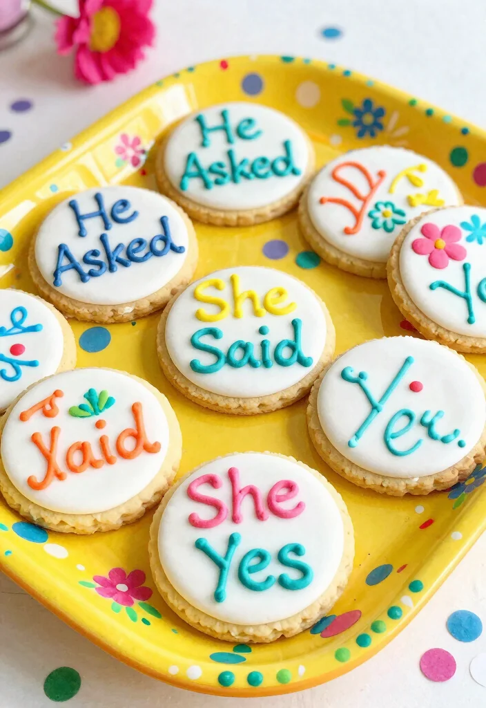 10 Engagement Party Cookie Ideas That Are Cute and Easy to Serve 24 10 Engagement Party Cookie Ideas That Are Cute and Easy to Serve 4. He Asked She Said Yes Cookies 0