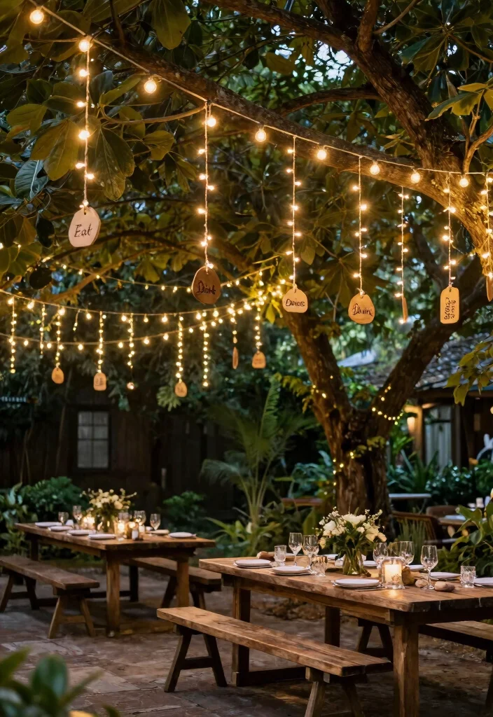 10 Engagement Party Sign Ideas That Welcome Guests in Style 23 10 Engagement Party Sign Ideas That Welcome Guests in Style 3. String Lights with Mini Signs 0