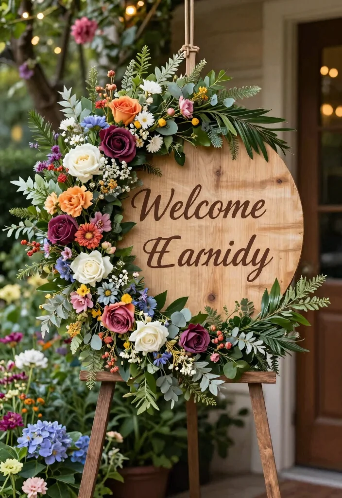 10 Engagement Party Sign Ideas That Welcome Guests in Style 26 10 Engagement Party Sign Ideas That Welcome Guests in Style 6. Floral Wreath Welcome Sign 0