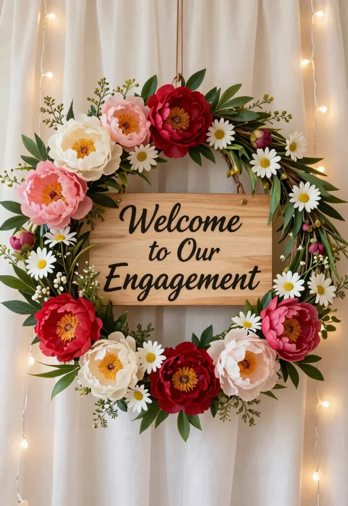 10 Engagement Party Welcome Sign Ideas That Feel Personal 2. Floral Wreath Sign 0