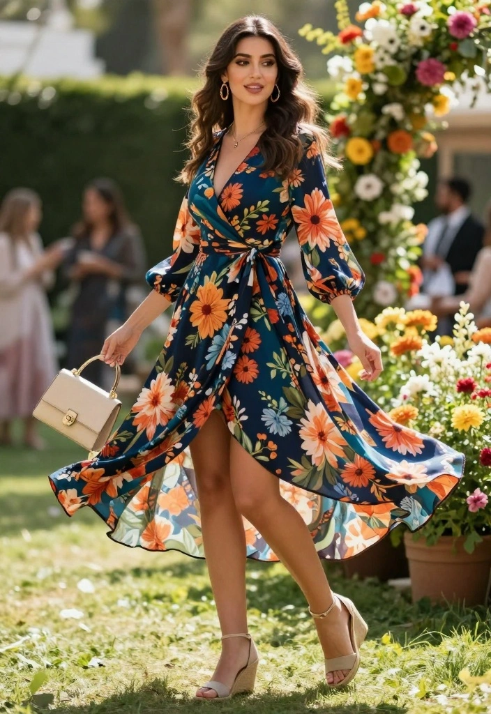10 Outfit Ideas for Engagement Party Guests That Feel Appropriate 8. Floral Print Wrap Dress 0