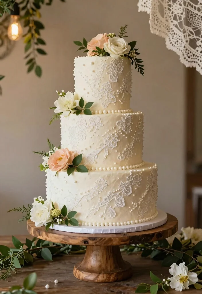 10 Pearl Wedding Cake Ideas That Feel Soft and Romantic 2 10 Pearl Wedding Cake Ideas That Feel Soft and Romantic 2. Vintage Charm with Lace and Pearls 0