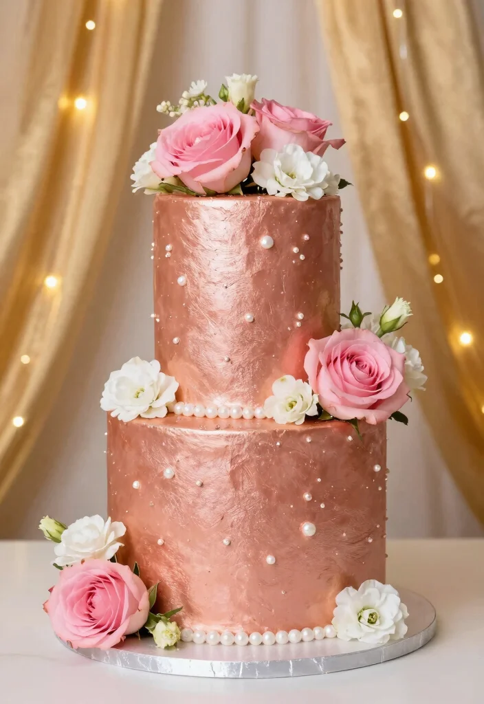 10 Pearl Wedding Cake Ideas That Feel Soft and Romantic 14 10 Pearl Wedding Cake Ideas That Feel Soft and Romantic 4. Romantic Rose Gold and Pearls 0