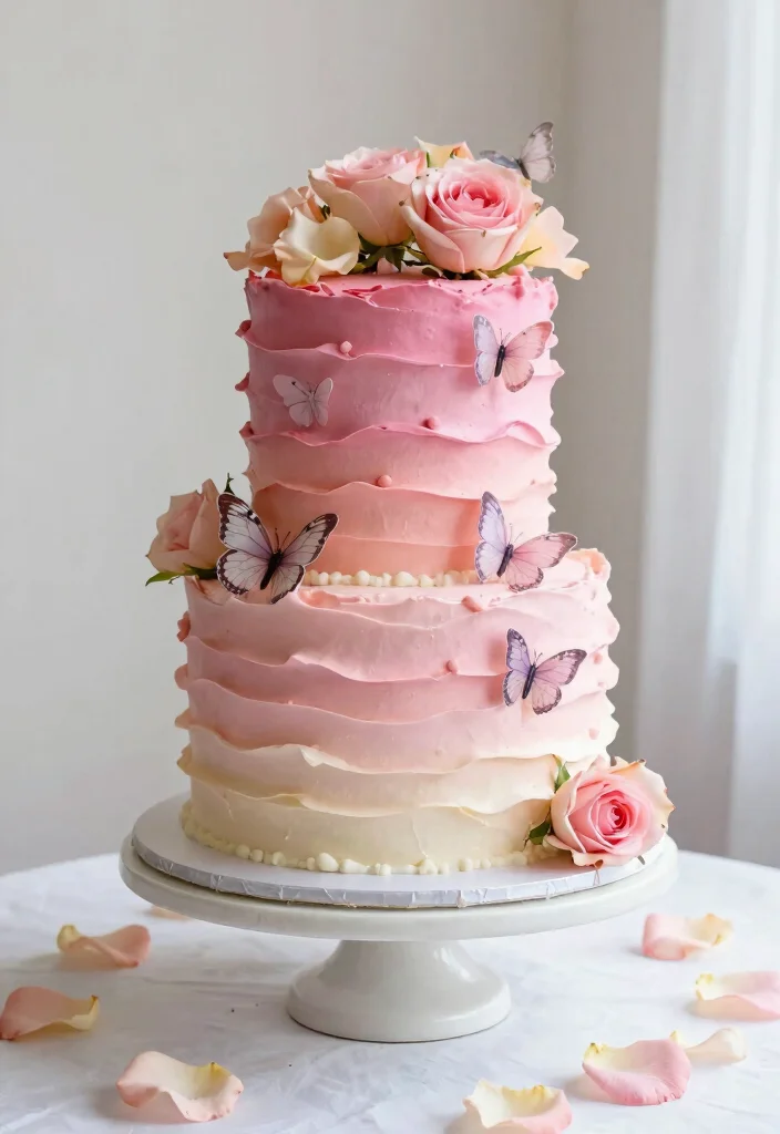 10 Pink Wedding Cake Ideas with Soft Romantic Details 23 10 Pink Wedding Cake Ideas with Soft Romantic Details 3. Whimsical Ombre Delight 0