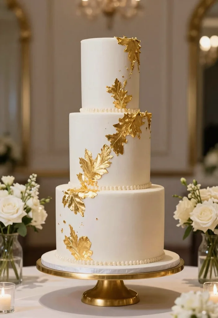 10 White and Gold Wedding Cake Ideas for Classic Elegance 60 10 White and Gold Wedding Cake Ideas for Classic Elegance 10. Luxurious Gold Leaf Accents 0
