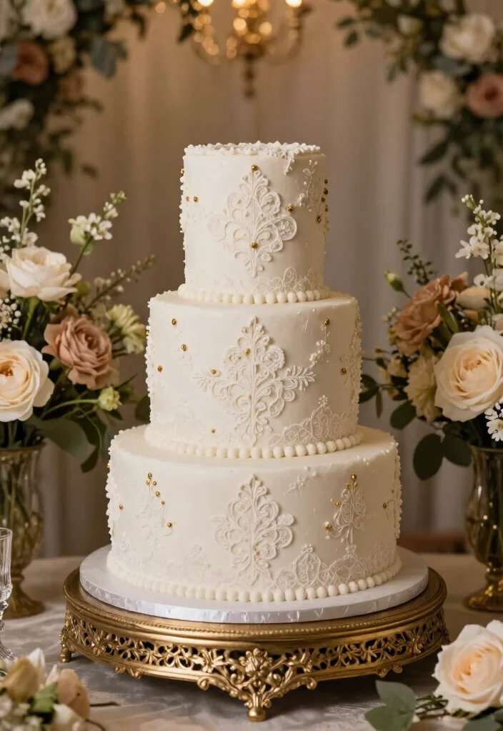 10 White and Gold Wedding Cake Ideas for Classic Elegance 12 10 White and Gold Wedding Cake Ideas for Classic Elegance 2. Vintage Lace Delight 0