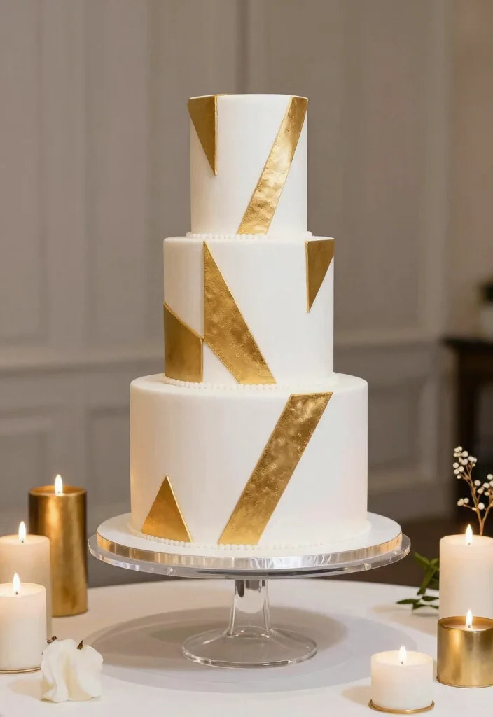 10 White and Gold Wedding Cake Ideas for Classic Elegance 23 10 White and Gold Wedding Cake Ideas for Classic Elegance 3. Geometric Chic 0