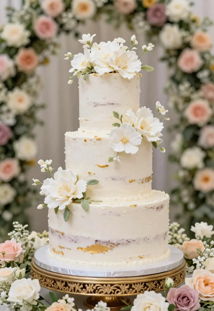 10 White and Gold Wedding Cake Ideas for Classic Elegance 34 10 White and Gold Wedding Cake Ideas for Classic Elegance 4. Floral Fantasy 0