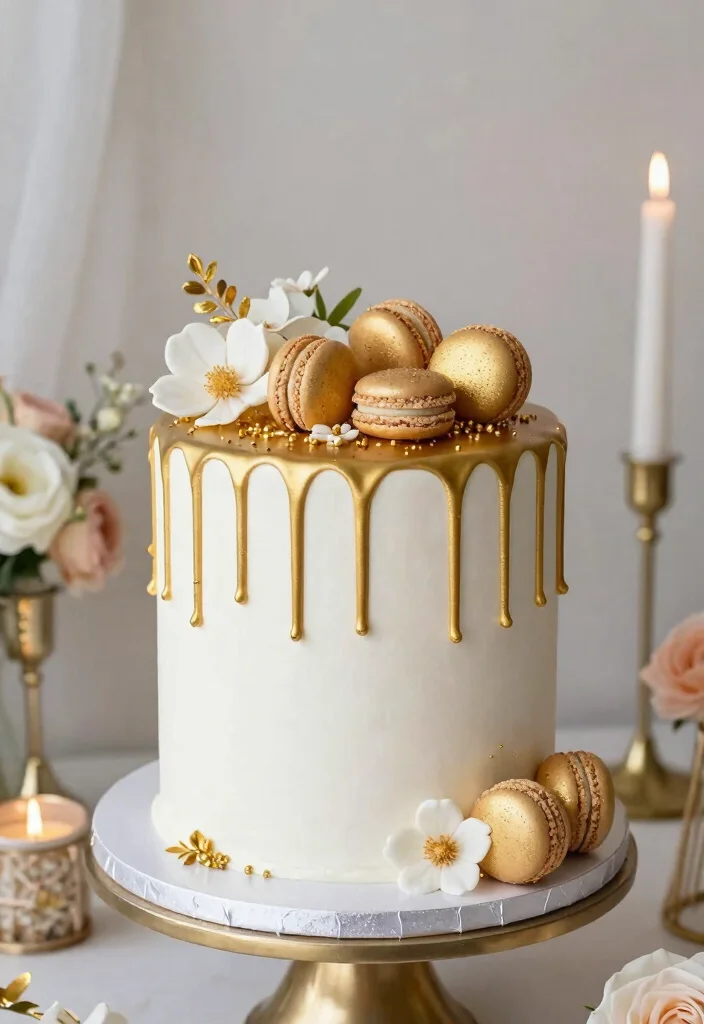 10 White and Gold Wedding Cake Ideas for Classic Elegance 45 10 White and Gold Wedding Cake Ideas for Classic Elegance 5. Whimsical Drip Cake 0