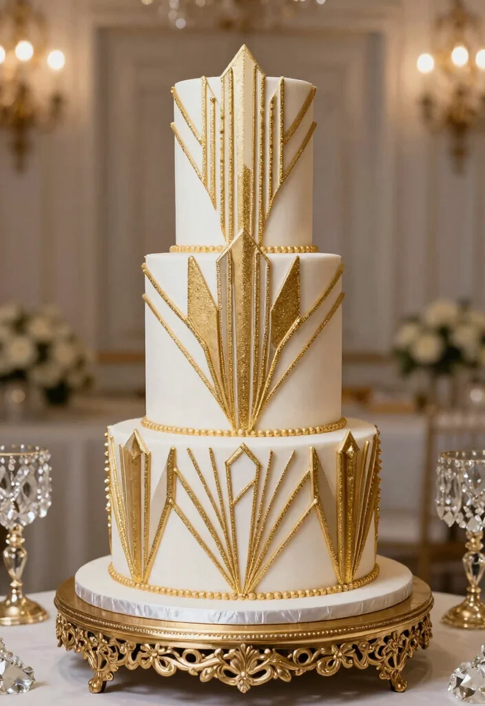 10 White and Gold Wedding Cake Ideas for Classic Elegance 47 10 White and Gold Wedding Cake Ideas for Classic Elegance 7. Art Deco Glam 0