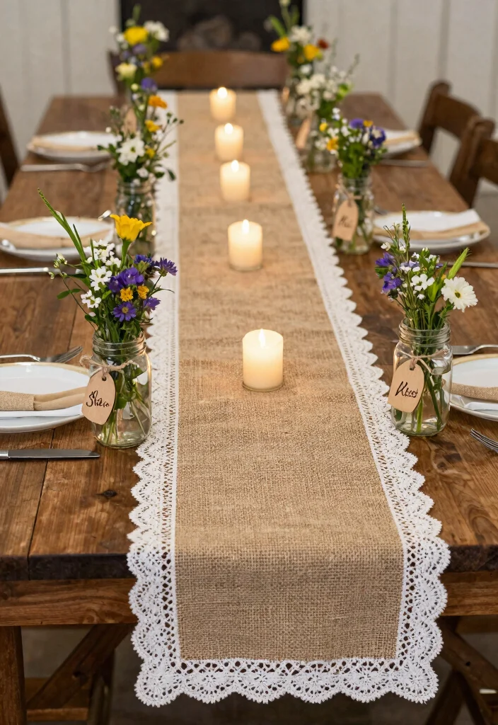 12 Barn Wedding Decoration Ideas for Rustic and Cozy Celebrations 2. Burlap and Lace Table Runners 0