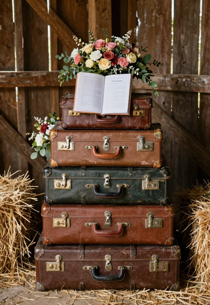 12 Barn Wedding Decoration Ideas for Rustic and Cozy Celebrations 3. Vintage Suitcases as Decor 0
