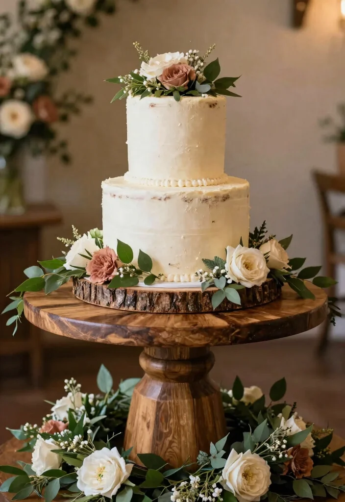 12 Barn Wedding Decoration Ideas for Rustic and Cozy Celebrations 9. Rustic Cake Table Decor 0