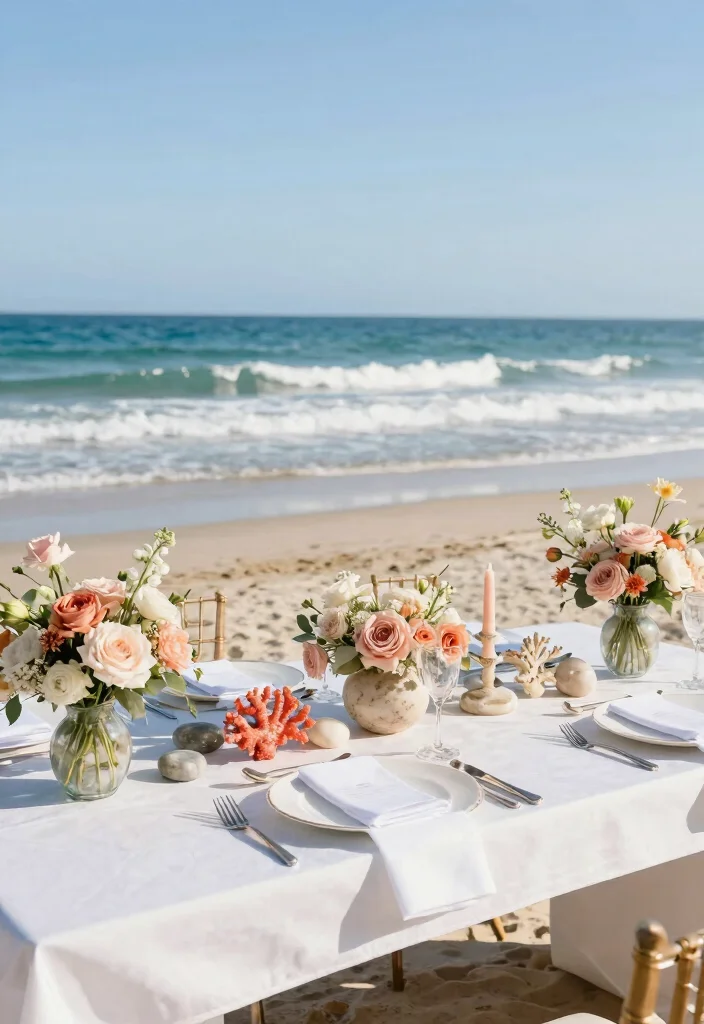 12 Beach Wedding Decoration Ideas for a Coastal Wedding Style 11. Coral and Stone Accents 0
