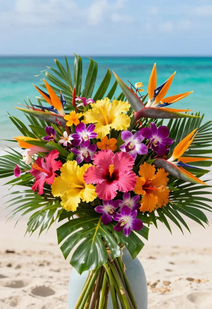 12 Beach Wedding Decoration Ideas for a Coastal Wedding Style 4. Tropical Flower Bouquets 0