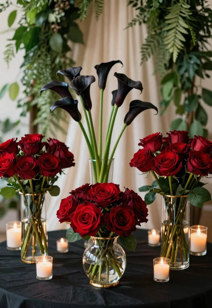 12 Black Wedding Decoration Ideas for Modern and Dramatic Styles 1. Bold Floral Arrangements 0