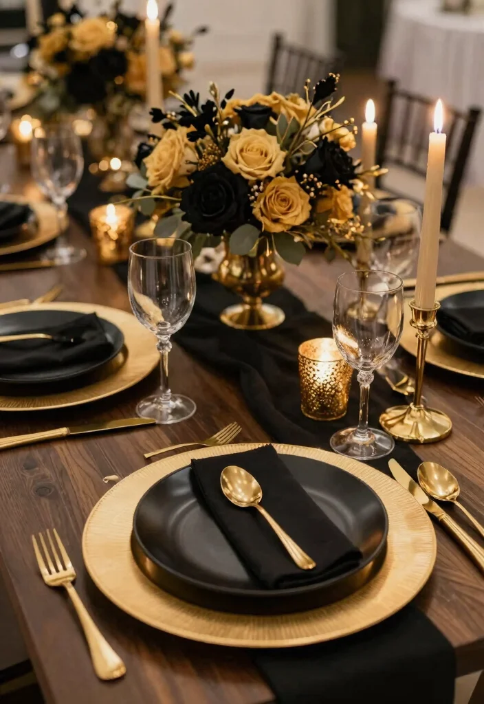 12 Black Wedding Decoration Ideas for Modern and Dramatic Styles 11. Black and Gold Accents 0