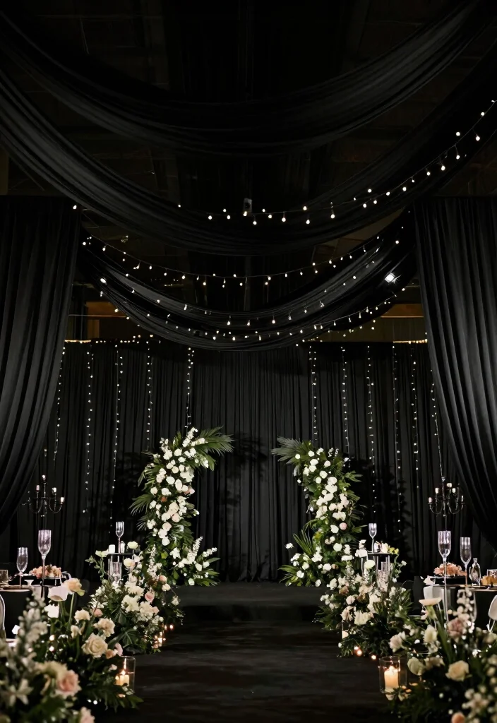 12 Black Wedding Decoration Ideas for Modern and Dramatic Styles 7. Black Drapery 0