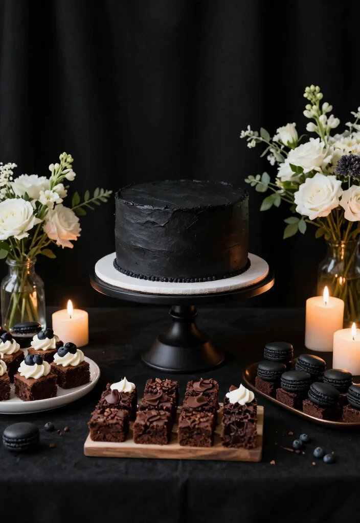 12 Black Wedding Decoration Ideas for Modern and Dramatic Styles 9. Black Cake Stand and Dessert Table 0