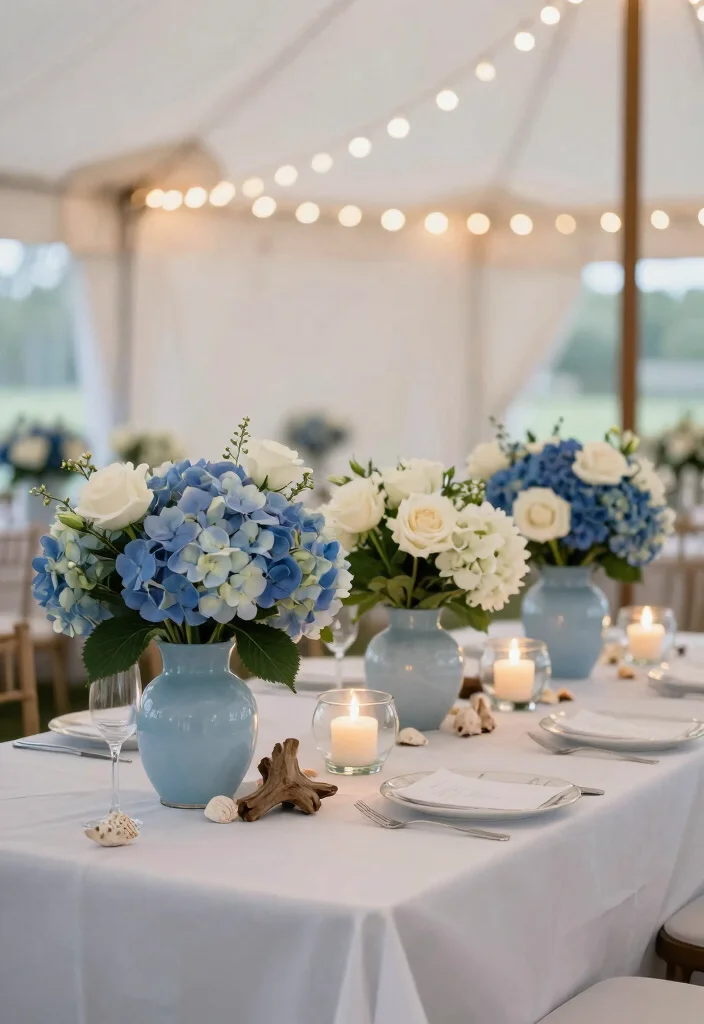 12 Blue Wedding Decoration Ideas for Soft and Elegant Themes 1. Ocean Inspired Table Centerpieces 0