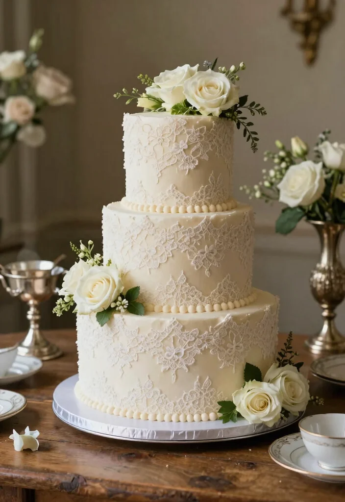 12 Classic Wedding Cake Ideas That Never Go Out of Trend 2. Vintage Lace Cake 0