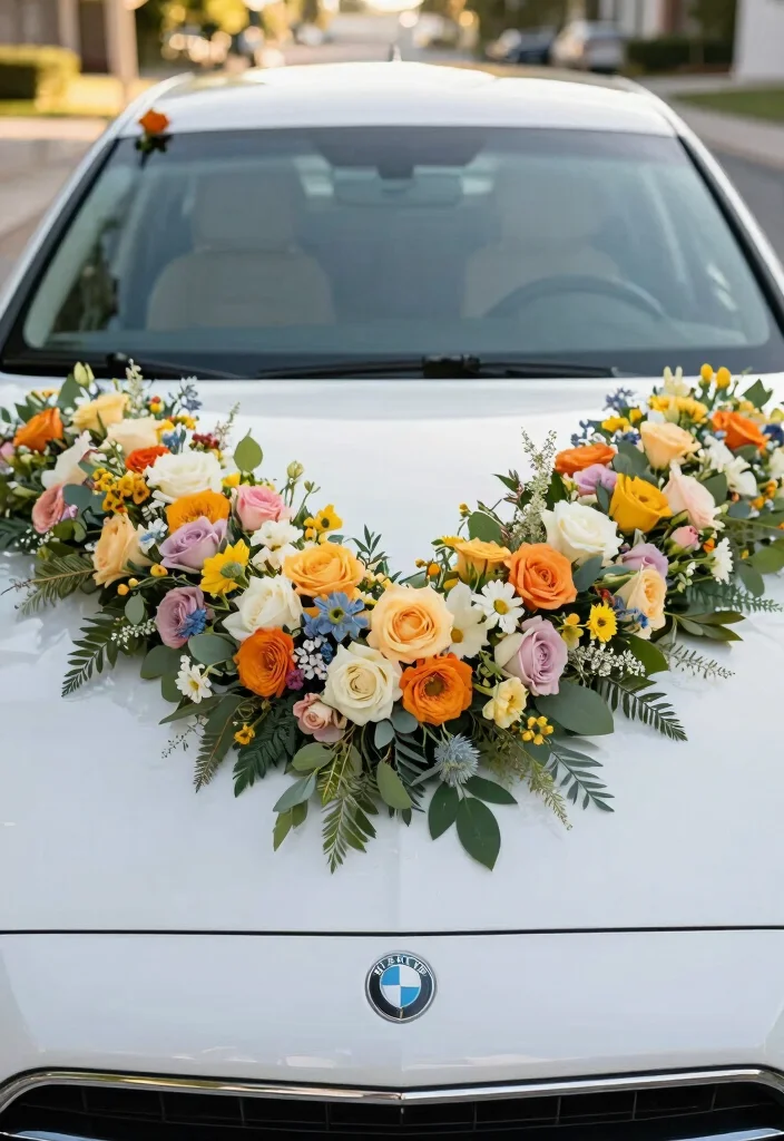 12 Creative Car Decoration Ideas for Weddings That Look Elegant 1 12 Creative Car Decoration Ideas for Weddings That Look Elegant 1. Floral Garland Elegance 0