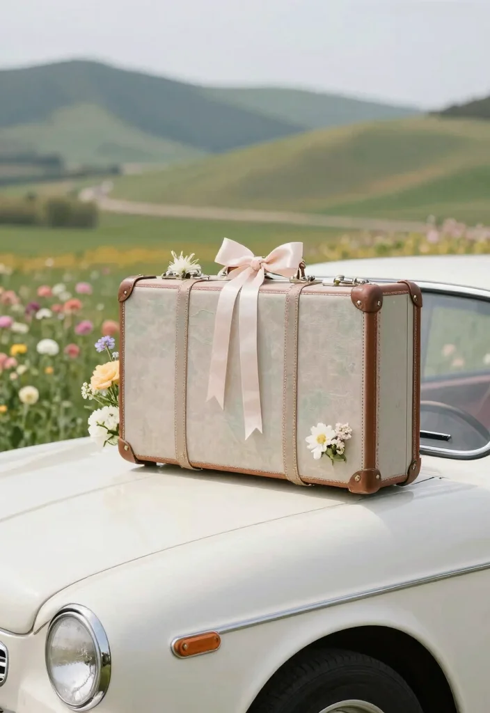 12 Creative Car Decoration Ideas for Weddings That Look Elegant 35 12 Creative Car Decoration Ideas for Weddings That Look Elegant 5. Vintage Suitcase Decor 0