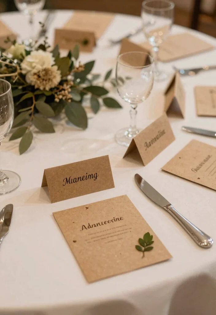 12 Eco Friendly Wedding Table Decoration Ideas for Round Tables 11. Personalized Place Cards Made from Recycled Materials 0