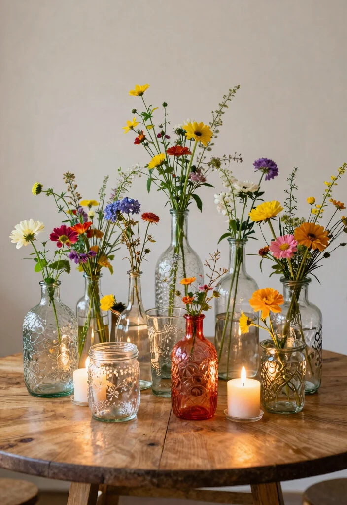 12 Eco Friendly Wedding Table Decoration Ideas for Round Tables 4. Upcycled Glassware 0