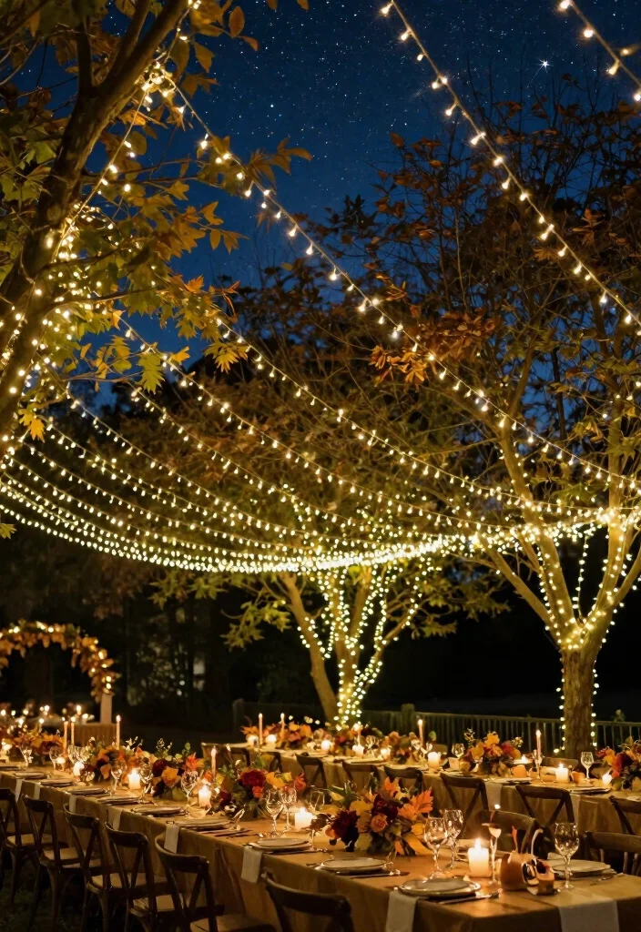12 Fall Wedding Decoration Ideas Perfect for Autumn Ceremonies 6. Warm Lighting with String Lights 0