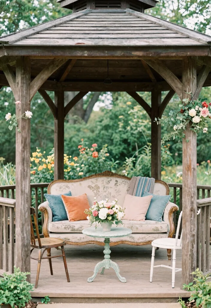 12 Gazebo Wedding Decoration Ideas for Outdoor Garden Weddings 6. Vintage Furniture 0