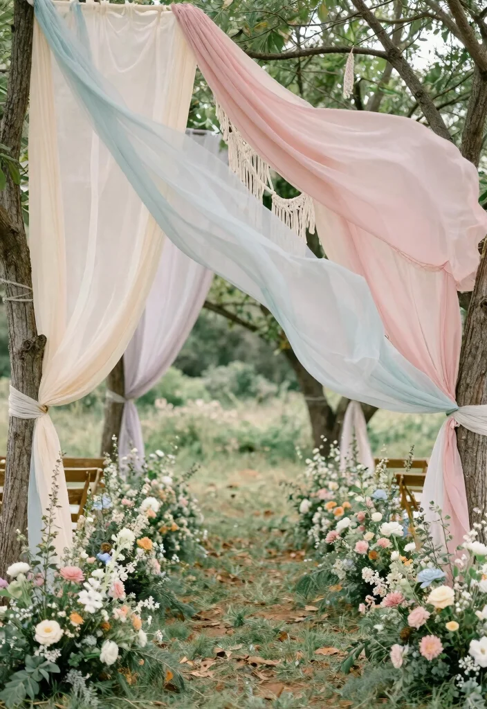 12 Outdoor Wedding Aisle Decoration Ideas for Nature Inspired Weddings 5. Boho Fabric Draping 0