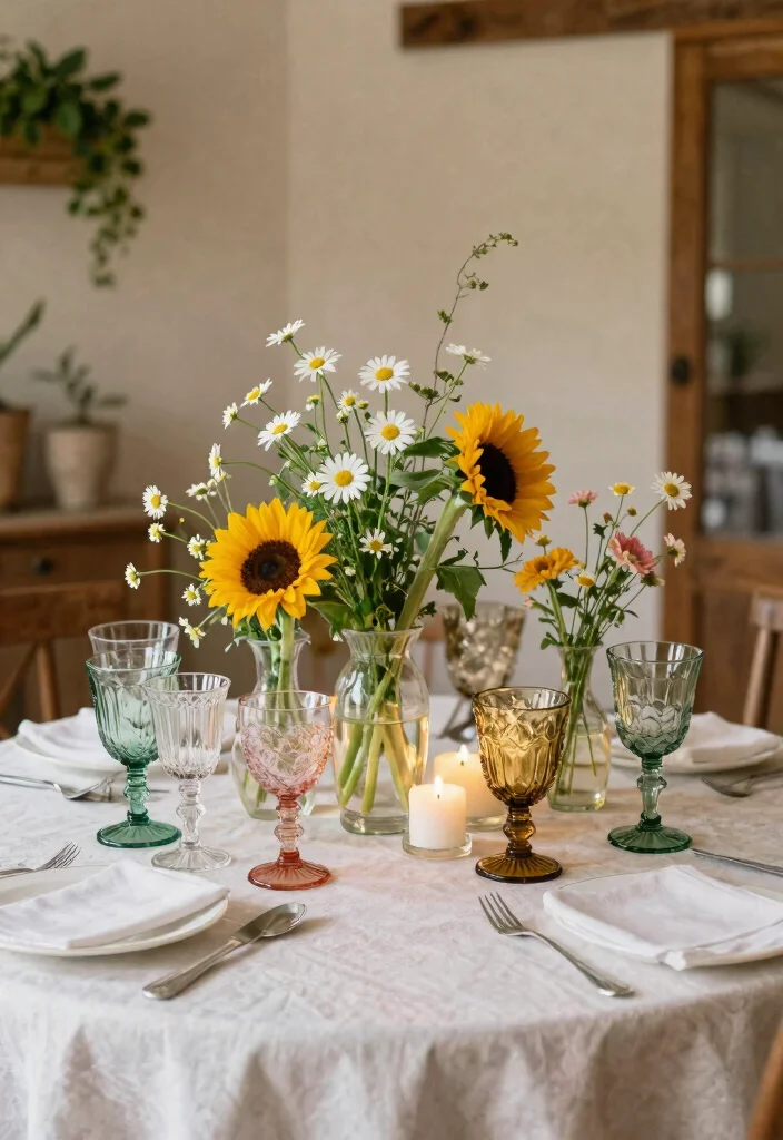 12 Round Wedding Table Decoration Ideas That Look Balanced 12 12 Round Wedding Table Decoration Ideas That Look Balanced 2. Vintage Glassware and Wildflower Arrangements 0