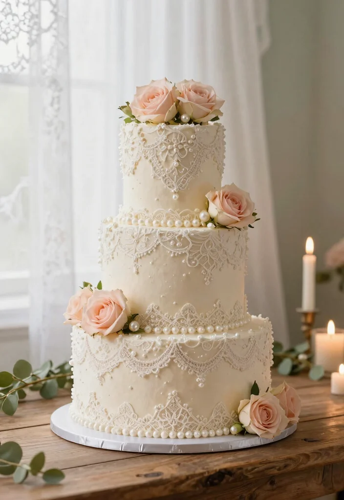 12 Traditional Wedding Cake Ideas with Timeless Appeal 2. Vintage Lace Delight 0