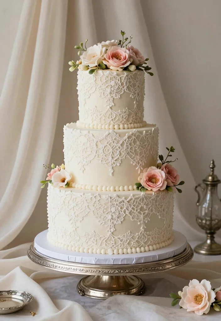 12 Vintage Wedding Cake Ideas with Classic Romantic Details 3 12 Vintage Wedding Cake Ideas with Classic Romantic Details 3. Vintage Lace Design 0