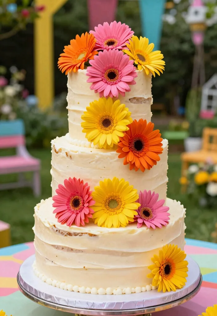12 Wedding Cake Ideas with Flowers for a Romantic Look 51 12 Wedding Cake Ideas with Flowers for a Romantic Look 11. Whimsical Cake with Colorful Gerbera Daisies 0