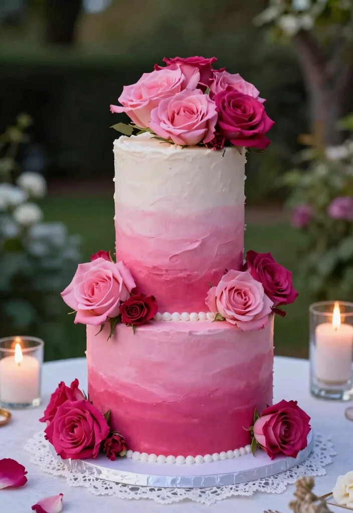 12 Wedding Cake Ideas with Flowers for a Romantic Look 23 12 Wedding Cake Ideas with Flowers for a Romantic Look 3. Ombre Cake with Roses 0