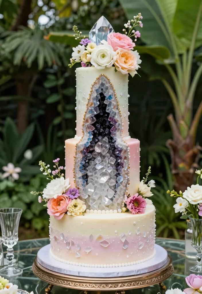 12 Wedding Cake Ideas with Flowers for a Romantic Look 37 12 Wedding Cake Ideas with Flowers for a Romantic Look 7. Geode Cake with Crystal Flowers 0